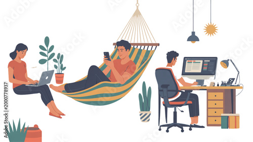 Illustrated people working and relaxing in a cozy modern home office with plants and colorful decor Vector