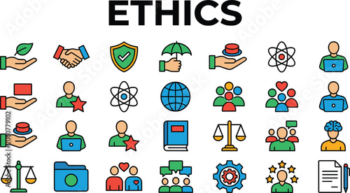 Ethics concept with diverse icons representing integrity responsibility teamwork law science fairness and moral values in modern society