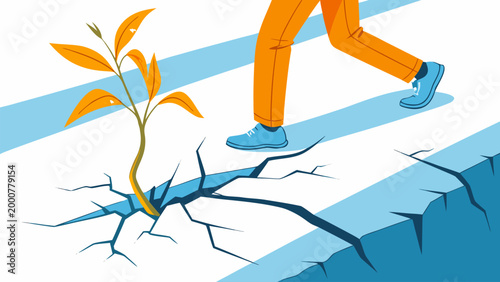 A resilient green sprout emerging from a cracked pavement with a person walking by. Symbol for hope, strength, overcoming adversity, and urban nature.