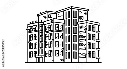 Sketch of a Modern Apartment Building with Multiple Floors and Windows.