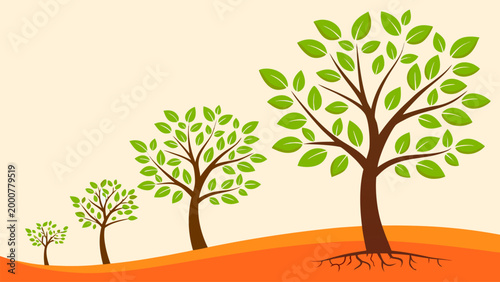 Evolution of a small seedling into a full leafy tree. Flat vector concept for business growth, personal development, environmental sustainability, and scaling.