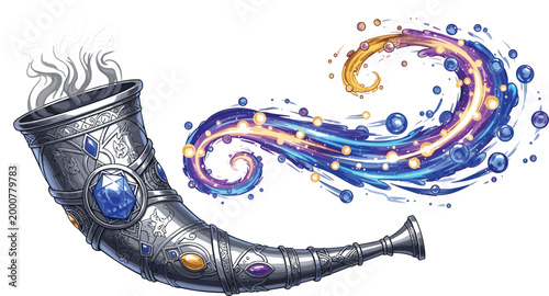 
Fantasy Magical Drinking Horn with Ornate Engravings, Blue Gemstones, and Swirling Cosmic Energy Blast for Gaming and Mythology Designs
Fantasy Magical Drinking Horn with Ornate Engravings, Blue 