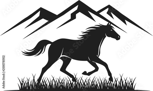 A majestic wild horse silhouette gallops gracefully across a grassy field with rugged mountain peaks dramatically rising in the background, symbolizing freedom and nature's beauty.