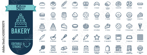 Huge Set Bakery 50 Line Icons - Bread Cakes Pastry and Baking Equipment Editable Stroke Vector