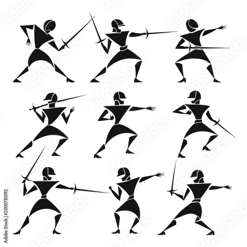 Professional Abstract Dynamic Fencing and Sword Fighting Logo Set for Sports Branding