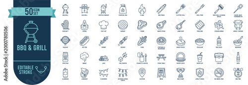 Huge Set BBQ and Grill 50 Line Icons - Barbecue Tools Outdoor Cooking and Party Food Editable Stroke Vector