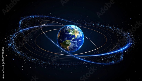 futuristic earth with glowing orbital rings and star trails in space