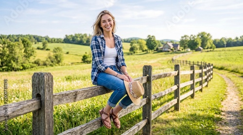 Smiling Woman Sitting on a Rustic Wooden Fence in a Picturesque Rural Landscape.