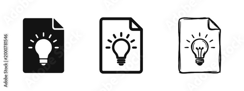 Creative Idea Document Icon Set - Light Bulb on Paper File Symbol
