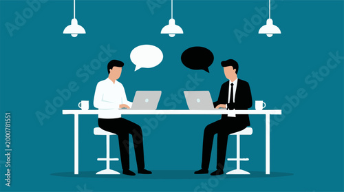 Business communication: two men using laptops with speech bubbles