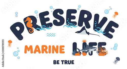 Marine life conservation logo, Preserve Marine Life badge, eco friendly symbol, ocean protection icon