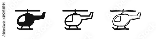 Helicopter icons in flat, line, and hand-drawn doodle styles for travel and aviation design.