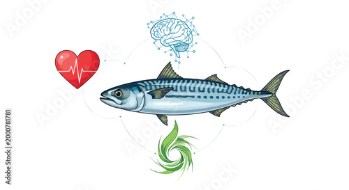 Mackerel Fish with Red Heart and Water Splash Elements for Healthy Food, Seafood, and Nutrition Concept DesignsMackerel Fish with Red Heart and Water Splash Elements for Healthy Food, Seafood, and 