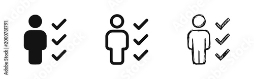 Human resource and skills management icons featuring a person with checklist marks in various styles.