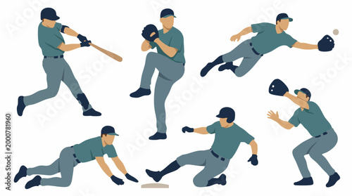 Tableau sur toile Flat Design Illustrations of Baseball Players in Various Actions
