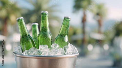 Green glass beer bottles in stainless steel ice bucket. Cold frosty beverage in bucket with ice cubes. Refreshing alcoholic drink for summer party and vacation at resort pool.