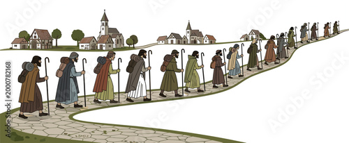 Medieval Pilgrims Walking in Procession Along a Winding Path Toward a Village Church for History, Religion, and Faith DesignsMedieval Pilgrims Walking in Procession Along a 