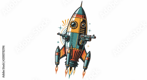 Colorful Cartoon Rocket Ship Launching into Space.