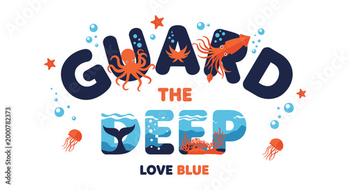 Guard the deep sea creatures, ocean conservation logo, marine life icons, colorful vector graphics