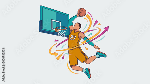 Dynamic illustration of a basketball player performing a slam dunk