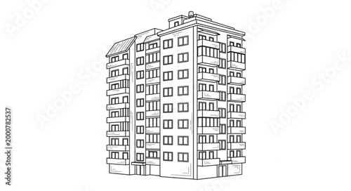 Sketch of a Tall Residential Apartment Building with Many Windows.
