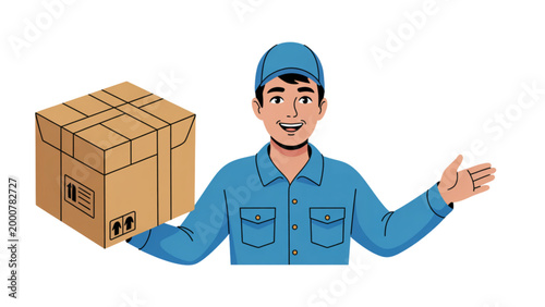 Professional delivery worker pointing and explaining package in blue uniform Vector