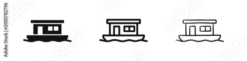 Houseboat and floating home icons for travel, vacation, and alternative living on water.