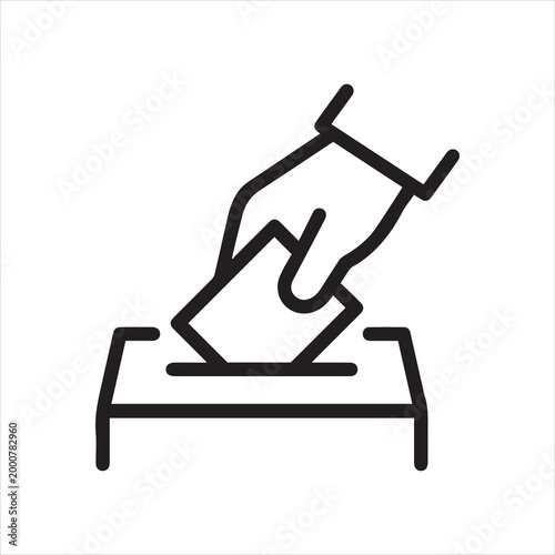 Hand placing vote in ballot box, linear icon. Election, referendum, or democratic process. Line with editable stroke.