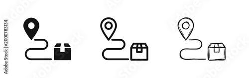 Logistics and delivery tracking icons featuring a map pin, route, and shipping box package.
