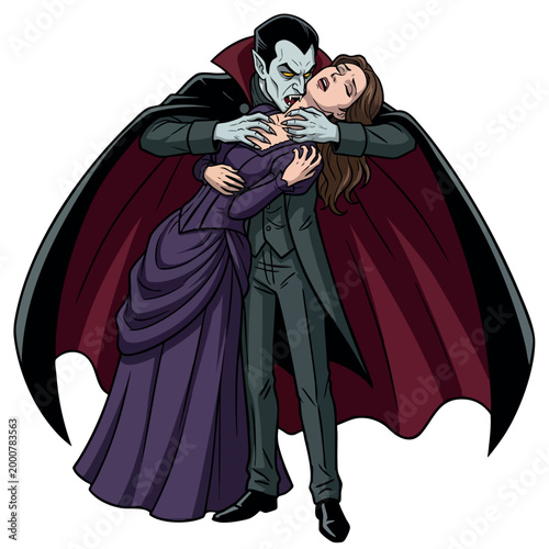 Vampire biting female victim neck illustration