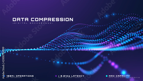 Abstract data compression background with blue glow particle wave. Digital tech concept and dynamic fast network flow. Vector illustration of future information transfer connection.