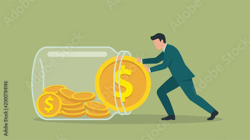 Businessman pushing large dollar coin into a money jar, saving concept