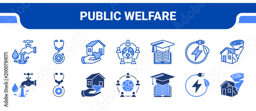 Public Welfare Icon Collection,  featuring Sanitation, Healthcare, Housing, Community, Education, Energy, Disaster.