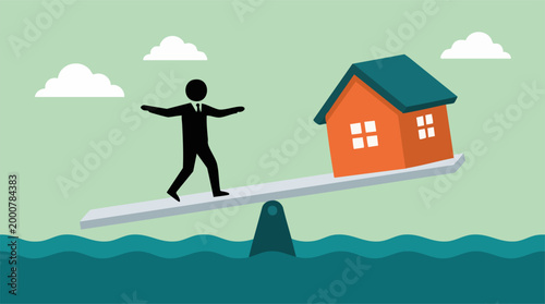 Man balancing house on seesaw over water, financial stability concept