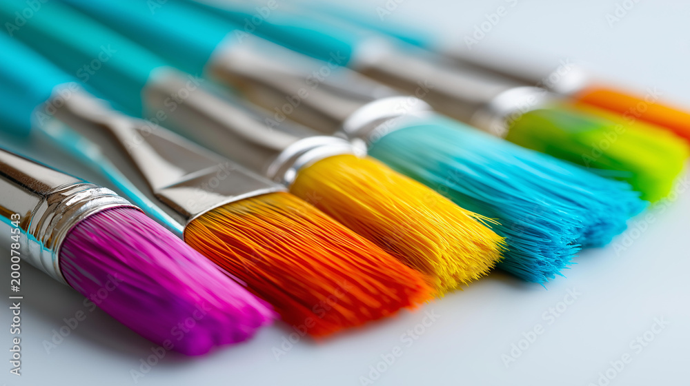 Fototapeta premium Close-up of colorful paint brushes with vivid bristles arranged on a white surface, art supplies concept, painter's tools, creative workshop detail, with copy space