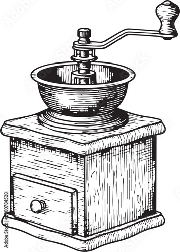 Vintage coffee grinder engraving black and white illustration isolated on white background