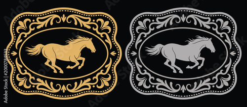 Horse label belt buckle wild western rodeo ranch cowboy style tag design gold and silver stylized silhouette vector design, detailed western badge with metallic look, antique rodeo inspired insignia 