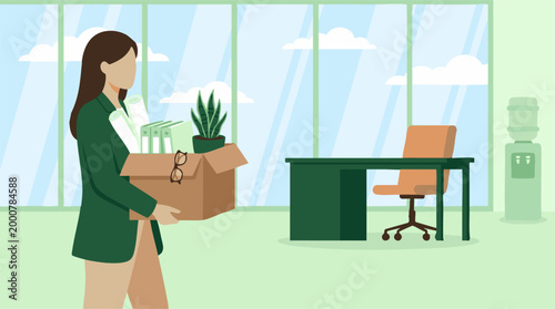 Woman carrying box of personal belongings, leaving office after job change