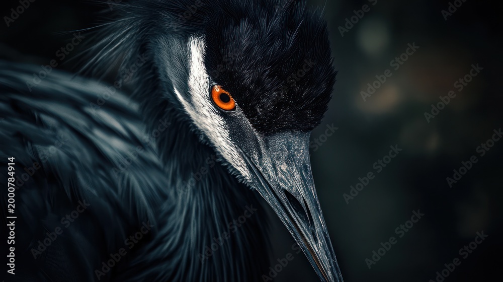 Fototapeta premium Close-up crane portrait in dark environment. Possible use Nature photography