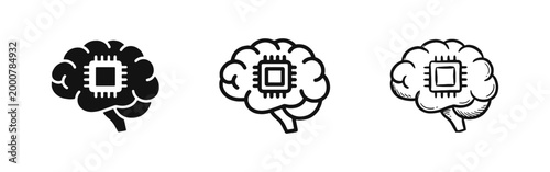 Artificial Intelligence Icon Set, Brain with Microchip Symbol