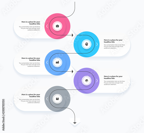 Vertical process diagram with five steps and a place for your text. Flat template with colorful circles and curved thin line for website or data presentation.