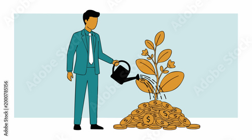 Businessman Watering Money Plant, Illustrating Financial Investment and Growth