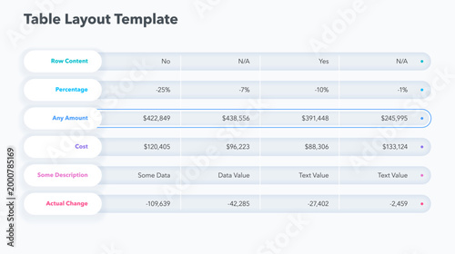 Minimalist and modern table layout with six rows and highlighting a selected row. Presentation template for clear and effective data visualization.