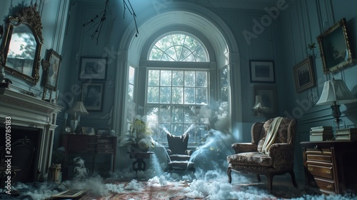 Haunted room interior with mist and light through window. AI-generated.
