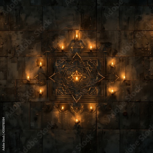 Glowing sacred geometry with candles on dark textured wall. AI-generated.