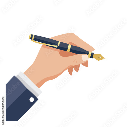 Hand in suit holding a fountain pen with gold nib ink pen writing instrument formal wear white background calligraphy illustration business communication document signature education