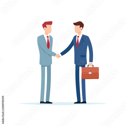 Two businessmen in suits shaking hands with briefcase formal wear white background businessmen handshake agreement business partnership collaboration briefcase greeting connection isolated