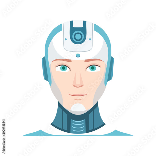 Futuristic male robot portrait with artificial intelligence science fiction automation technology blue eyes domestic robot futuristic humanoid portrait technology robotics automation