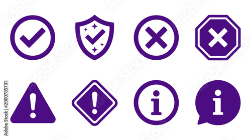 A collection of various purple icons representing approval, warnings, and information symbols