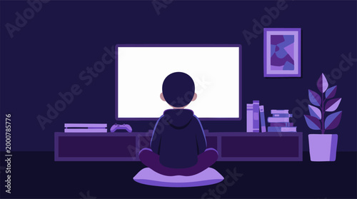 Young person watching bright screen and playing video games in dark room